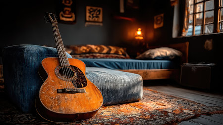 An acoustic guitar rests against a blue couch in a dimly lit room with a rug and a window.の素材