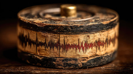 A close-up shot of an old wooden container with a unique sound wave pattern carved into its side.の素材