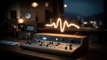 A detailed shot of an audio mixing console with a sound wave visualization, set in a dimly lit studio environment.の素材