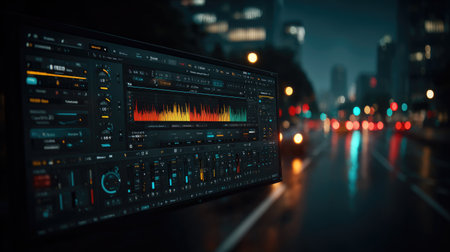 An audio mixing console is in a car with city lights in the background.の素材