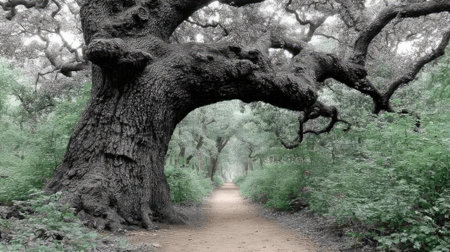 A captivating image of an old oak tree forming an archway over a forest path, inviting exploration into the depths of nature.の素材
