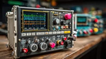 Detailed view of a sophisticated electronic test instrument, showcasing intricate waveforms on its display.の素材