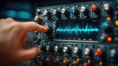 Close-up of an audio engineers hand adjusting a knob on a sound mixing console. A waveform is displayed on the screen.の素材