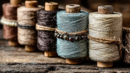 A close-up shot of a row of thread spools in various colors, arranged on a weathered wooden surface, showcasing the textures and hues of the materials.の素材