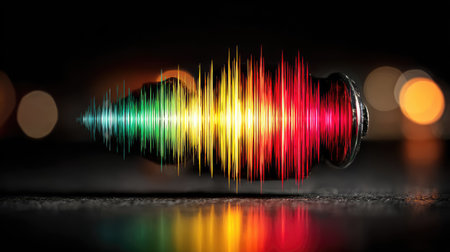 A close-up shot of an audio jack with a vibrant sound wave emanating from it, showcasing the visual representation of sound.の素材