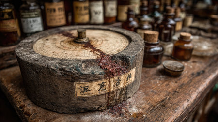 An antique mortar and pestle used in traditional Chinese medicine, with a label in Chinese characters.の素材