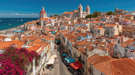 An eye-level aerial view of Lisbons historic architecture and cityscape, showcasing the citys unique charm and beauty.の素材