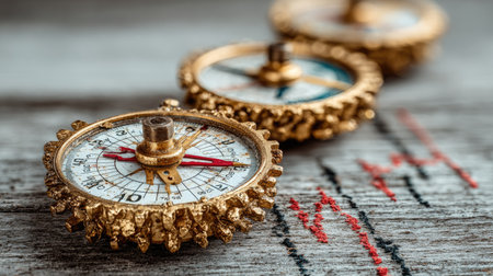 Close-up shot of antique compasses, showcasing their intricate designs and navigational purpose on a weathered wooden surface.の素材