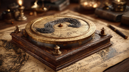 An antique astrolabe rests on a detailed map, showcasing a historical navigation tool used for celestial observations and timekeeping.の素材