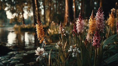 A stunning image of colorful flowers in a forest setting, with a pond in the background and sunlight filtering through the trees.の素材