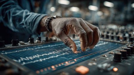A close-up shot of a hand interacting with an audio mixing console, showcasing the intricate details of the equipment and the process of sound engineering.の素材