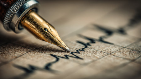A detailed shot of a fountain pen creating a line on graph paper, possibly representing data.の素材