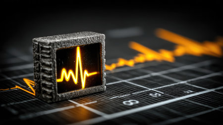 A close-up shot of a digital heartbeat monitor displaying a yellow waveform on a dark surface, with a blurred background.の素材