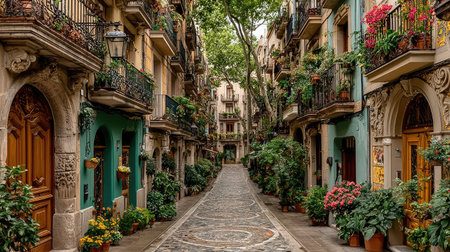 A beautiful alleyway in a European city, lined with colorful buildings, balconies, and vibrant plants, creating a charming and inviting atmosphere.の素材