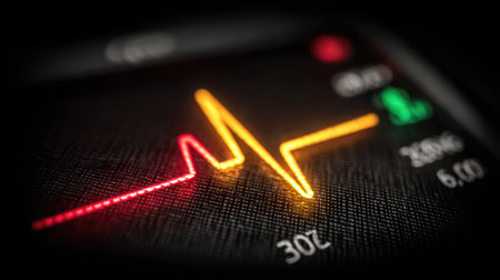 A close-up shot of a heart rate monitor displaying a glowing waveform, indicating vital signs.の素材