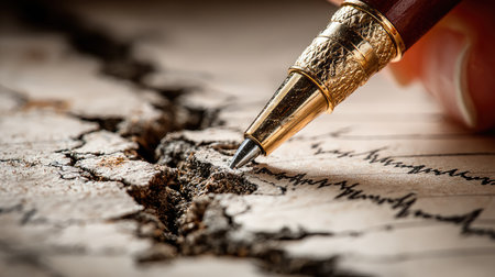 A close-up shot of a golden pen writing on a cracked surface, with a shallow depth of field.の素材