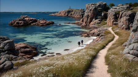 A picturesque coastal scene featuring a path, turquoise waters, rocky formations, and a clear blue sky.の素材
