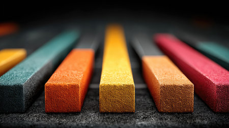 A close-up shot of colorful chalk sticks arranged on a dark surface, showcasing a variety of vibrant colors and textures.の素材