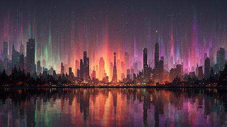 A vibrant cityscape with colorful lights reflecting in the water, creating a stunning night scene.の素材