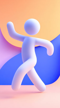 A minimalist 3D figure in a dynamic pose against a vibrant, abstract background. The image is clean and modern.の素材