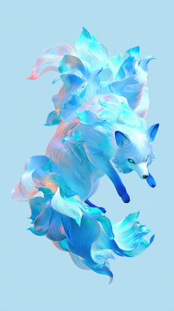 This captivating digital art piece features a stylized blue fox, rendered with flowing, abstract shapes and a cool color palette.の素材