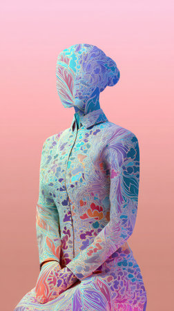An artistic rendering of a figure draped in floral patterns, blending colors and textures.の素材