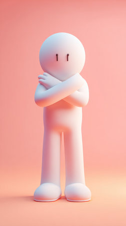 A minimalist illustration of a white figure with arms crossed, set against a soft pink background. The figure has a simple design.の素材