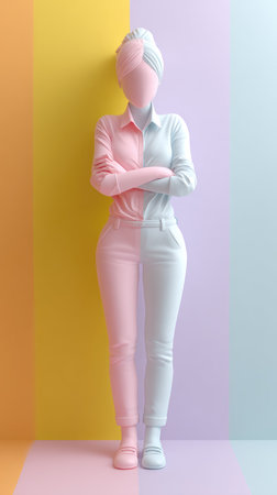A full-length studio shot of a figure with crossed arms, rendered in soft pastel hues, creating a minimalist and artistic composition.の素材