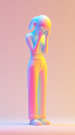 A stylized figure rendered in soft pastel colors, conveying a sense of introspection and emotional depth.の素材