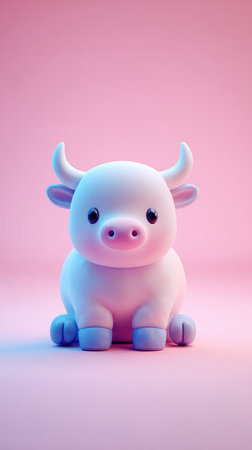 Cute cartoon ox with big eyes and small horns sitting on a pink background.の素材