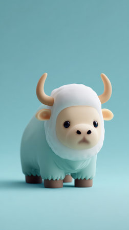 A cute yak figurine with a white head and light blue body, set against a light blue backdrop.の素材