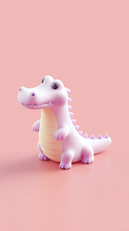 A cute pink alligator toy stands on a pink surface, perfect for childrens products.の素材