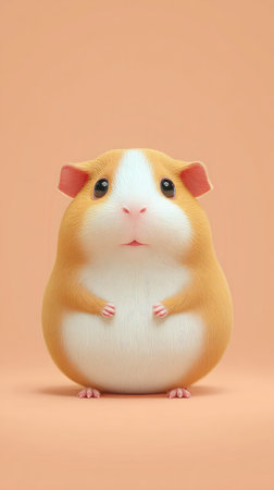 A cute guinea pig with a white and orange coat, sitting in front of a peach background. The image is well-lit and the guinea pig is in focus.の素材