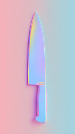 A pastel-colored chefs knife against a pink and blue background. The knife is the central focus, highlighting its form and design.の素材