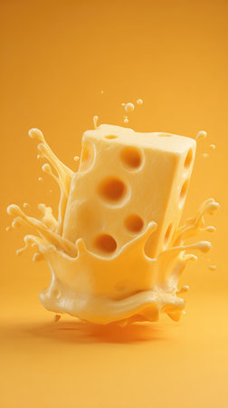 A block of cheese with holes, with a splash of liquid around it, on a yellow background.の素材