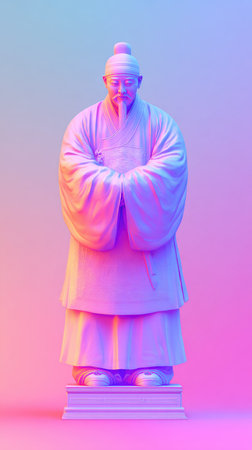 A stunning statue of an ancient Chinese figure illuminated by vibrant neon lights, creating a captivating and artistic visual.の素材