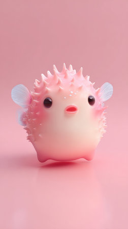 A cute pink pufferfish with spikes and small fins, set against a soft pink background.の素材