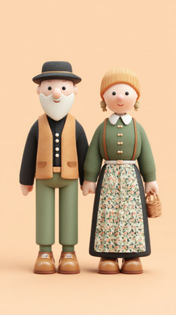 A delightful image of an elderly couple dressed in traditional clothing, holding hands, and standing together.の素材