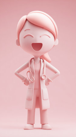 A charming pink doctor figurine with a stethoscope, radiating positivity and ready to assist patients.の素材