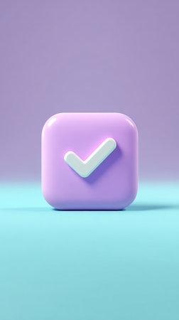A 3D rendered checkmark icon on a purple square, set against a blue background.の素材