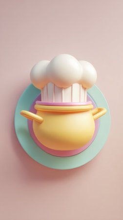 A vibrant illustration of a chefs hat atop a cooking pot, set on a plate, symbolizing culinary arts and food preparation.の素材