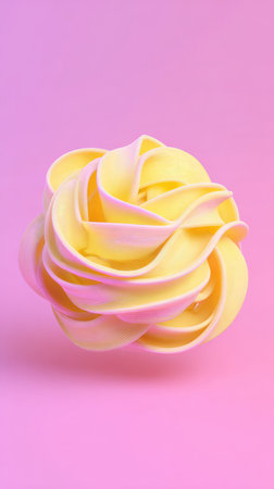 A close-up shot of a beautifully swirled yellow and pink dessert, set against a soft pink background.の素材