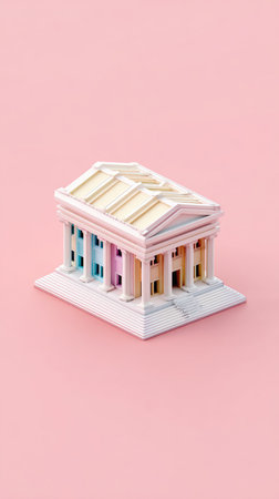 A vibrant architectural model with pastel colors on a pink backdrop, showcasing artistic design.の素材