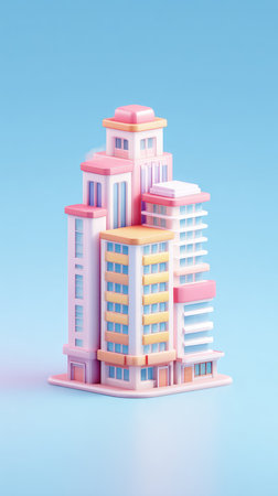 A vibrant illustration of a multi-story building with a pastel color scheme, set against a soft blue backdrop.の素材