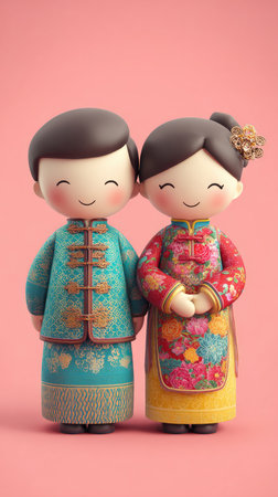 A charming illustration of two Chinese wedding dolls, dressed in traditional attire, radiating happiness and cultural significance.の素材