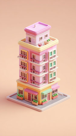 A vibrant illustration of a multi-story building with balconies, showcasing a colorful and playful design.の素材