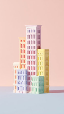 A vibrant image showcasing a collection of pastel-colored buildings, creating a visually appealing cityscape.の素材