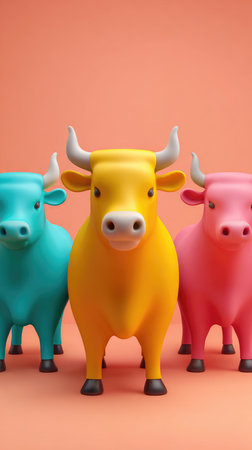 Three vibrant bulls, each in a different color, stand side-by-side against a solid background.の素材