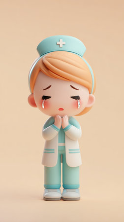 A charming figurine of a nurse with a sad expression, representing empathy and the challenges of healthcare.の素材