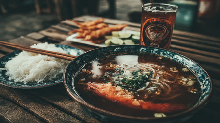 A close-up shot of a bowl of Vietnamese Pho with shrimp and rice noodles, served with a side of rice noodles and other dishes.の素材